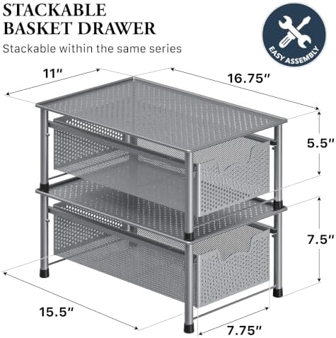 Simple Houseware Stackable Cabinet Basket Drawer Organizer, Silver - Image 2