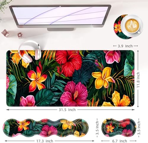 Large Keyboard Mouse Pad Set, Extended Mouse Pad+Keyboard Wrist Rest Support, Memory Foam Ergonomic Easy Typing, 4Pcs (31.5×11.8 in) Desk Pad Set for Office Home,Vibrant Tropical Flower - Image 6