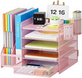 Marbrasse Desk Organizer with File Holder, 5-Tier Paper Letter Tray Organizer with Drawer and 2 Pen Holder, Mesh Desktop Organizer and Storage with Magazine Holder for Office Supplies(Pink) by Marbrasse
