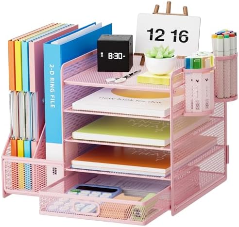Marbrasse Desk Organizer with File Holder, 5-Tier Paper Letter Tray Organizer with Drawer and 2 Pen Holder, Mesh Desktop Organizer and Storage with Magazine Holder for Office Supplies(Pink) by Marbrasse