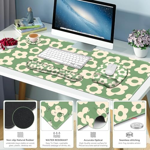 Large Mouse Pad with Wrist Support 4in1 Set, XXL Game Mousepad +Keyboard Wrist Rest+Mouse Wrist Rest+Coaster Ergonomic Design Gaming Mat for Home Office Table Computer I Vintage Groovy Flowers - Image 2