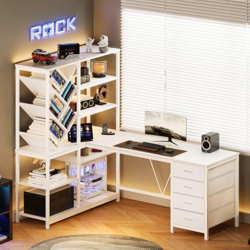 58" White L Shaped Desk with Bookshelf and 3 Drawers for Home Office - Image 3