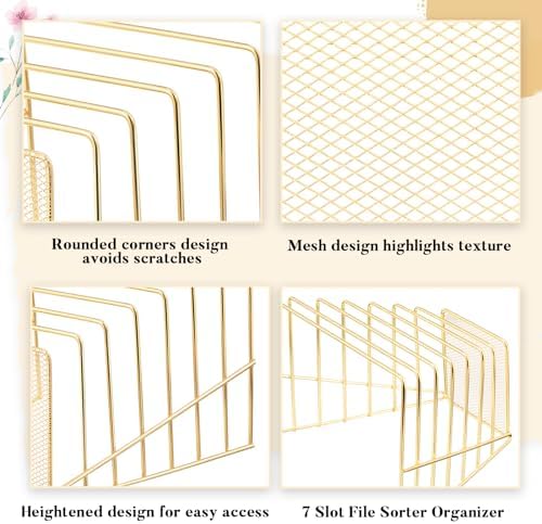 2 Pcs 2 Pcs Wire File Sorter Desk 7 Section Organizer, Golden - Image 4