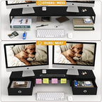 39 Inch Dual Monitor Stand Riser with 2 Drawers - Large Black Wooden Computer Stand for 2 Monitors, Ergonomic Desk Organizer with Phone Holder, Desktop Storage for Laptop, Office Supplies, Home Office - Image 3