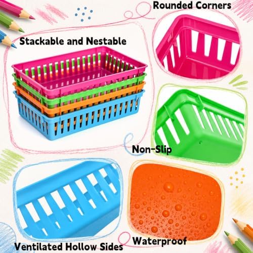 Classroom Storage Baskets, Small Plastic Basket Bin for Organizing, Colorful Storage Tray for Pencil, Paper, Desk, Shelf, Teacher, Student, School Home Office, 12 Pack, 10.2"L x 6.5"W x 2.4"H - Image 4