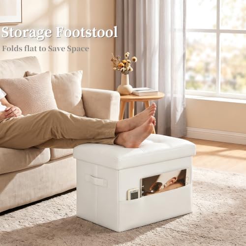 Ottoman with Storage. Folding Foot Stool with Thick Foam Padded Seat, White - Image 3