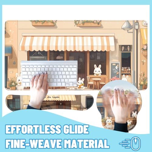 Kawaii Bunny Desk Mat Set Cozy Cartoon Bunny Cafe Mouse Pad with Wrist Rest 4in1 Desk Mat for Desktop Ergonomic Keyboard Wrist Support Anti-Slip Computer Ergonomic Mouse Pad Home Office Gaming - Image 4