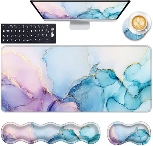 Keyboard Wrist Rest and Mouse Pad with Wrist Support Set Ergonomic Coaster,Memory Foam,Easy Typing Pain Relief,Large XL Desk Mat 31.5"x 11.8",Cyan Blue Marble by CICPLKSE