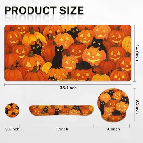 Britimes Keyboard Mouse Pad Set, 4 in 1 Desk Mat Set, Halloween Cat Pumpkin - Image 2