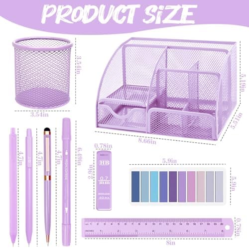 Purple Desk Accessories, 17Pcs Purple Office Supplies Set with Stapler, Mesh Desk Organizer, Tape Dispenser, Staple Remover, Pen Holder, Clips, Pens, Ruler, for Office Home School Women Students Gift - Image 2