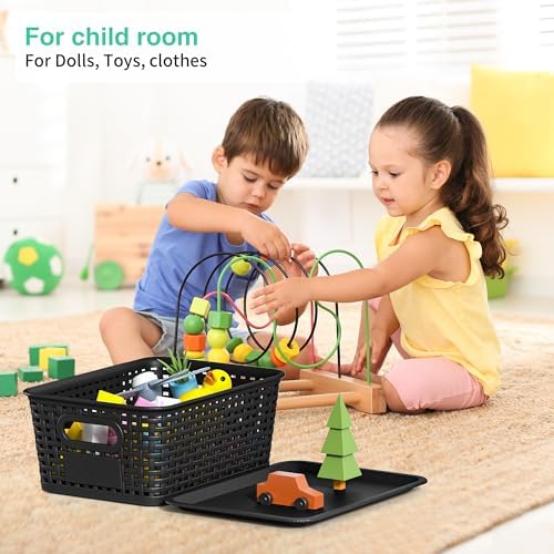 8 Pack Plastic Storage Baskets,Black Stackable Bins with Lid - Image 4