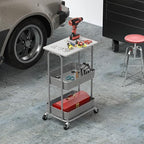 Simple Houseware 2-Tier Rolling Utility Cart Wood Top/Lockable Wheel, White - Image 6