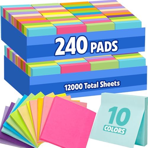 240 Pads Sticky Notes 3x3, Self-Stick Pads Bulk Bright Colors, School Supplies, Office Products, 50 Sheet/Pad by YesBes