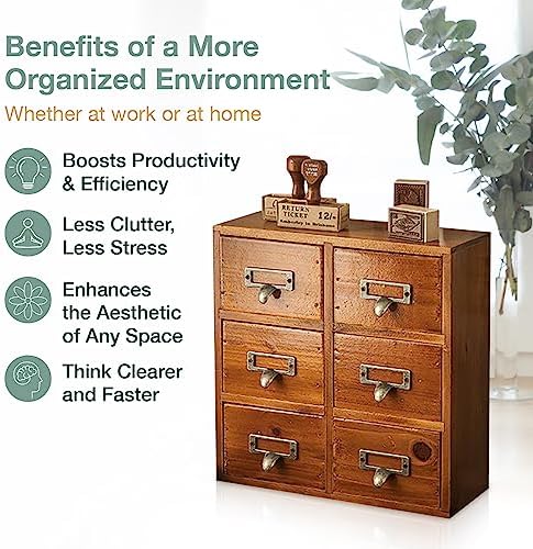 Vintage Card Catalog Drawers for Desktop - 6-Drawer Mini Wood Desktop Cabinet for Office Study Table - Solid Wood Storage Drawers for Table - Mahogany Wood Organizer Cabinet Drawers, Fully Assembled - Image 5