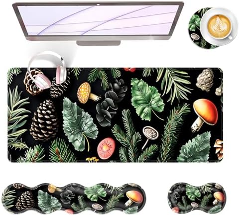 Large Keyboard Mouse Pad Set, Extended Mouse Pad+Keyboard Wrist Rest Support, Memory Foam Ergonomic Easy Typing, 4Pcs (31.5×11.8 in) Desk Pad Set for Office Home,Mushrooms and Leaves by Unknown
