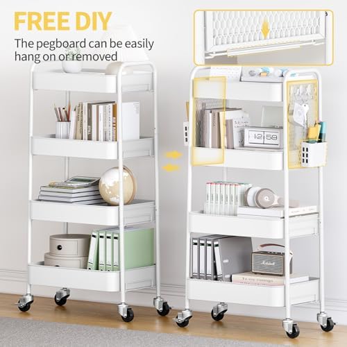 TOOLF 4 Tier Rolling Cart, Metal Utility Storage Cart with Pegboard, White - Image 6