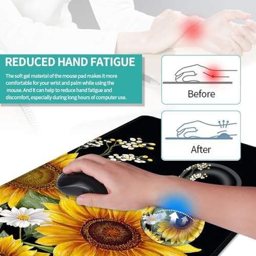 Keyboard Mouse Pad Set, Extended Gaming Mouse Pad+Ergonomics Keyboard Wrist Rest Support, Memory Foam, Easy Typing Pain Relief, 4Pcs XL Ultra Thick Desk Mat,Sunflowers Floral Patterns - Image 5