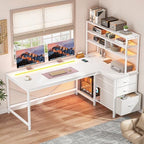 DurayLoly 55''White Desk with 3 Drawers & Shelf, LED, Outlet for Bedroom by Durayloly