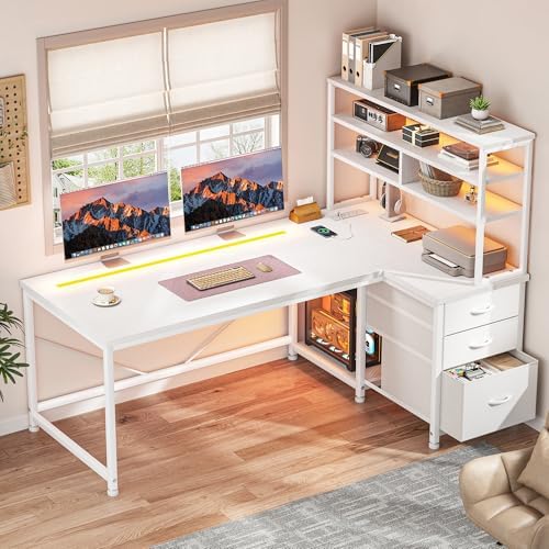 DurayLoly 55''White Desk with 3 Drawers & Shelf, LED, Outlet for Bedroom by Durayloly