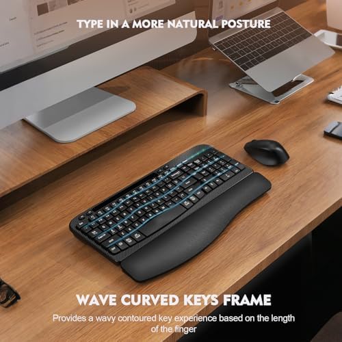 Wireless Keyboard and Mouse Combo, Full-Sized Ergonomic Wave Keys Keyboard with Memory Foam Wrist Rest & Phone Holder, 2.4G Quiet Keyboard Mouse Work Setup for PC Laptop, Office or Home (Black) - Image 6