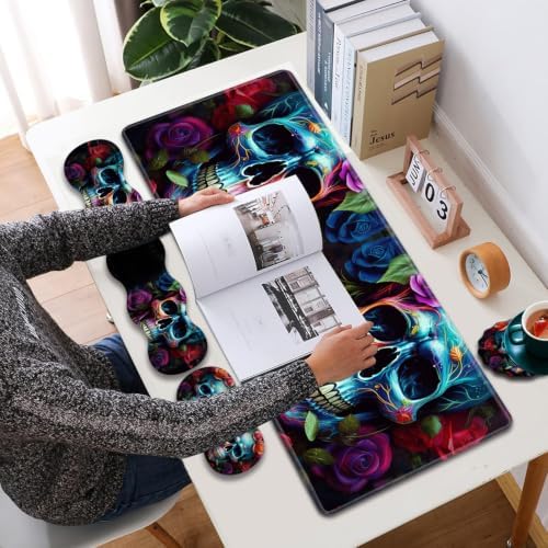 31.5"x 11.8" Oversized Gaming Mouse Pad Set, Ergonomic Keyboard and Mouse Wrist Rest + Cup Holder, Non-Slip Desktop Pad, Suitable for Home and Office Use, Colorful Rose Flower Skull - Image 6