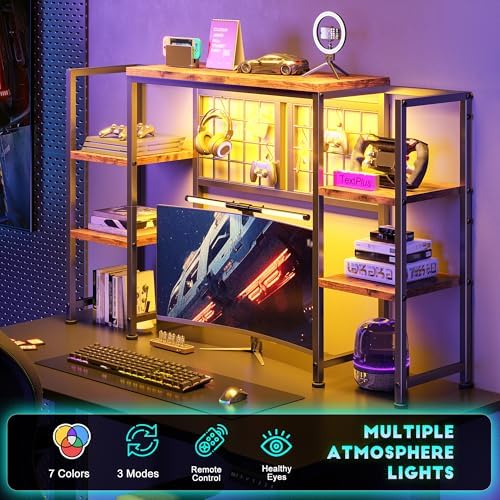REIBII 5-Tier Desk Shelf with LED for Home Office Dorm, Rustic Brown - Image 3