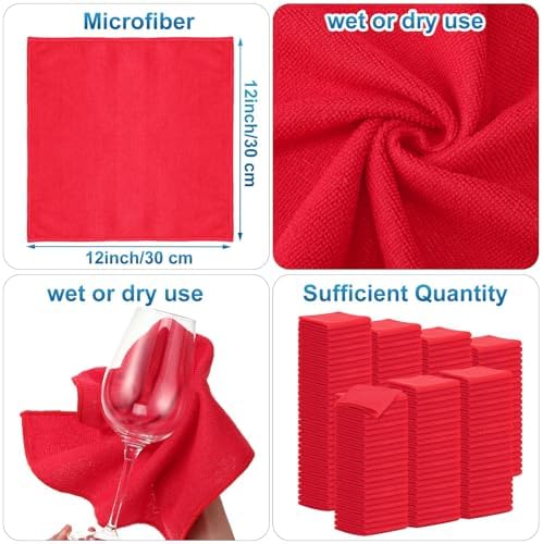 Tenare 100 Pack 12'' x 12'' Microfiber Cleaning Cloths Reusable Cleaning Rags Bulk Microfiber Towels Softer Highly Absorbent Washcloths for House Kitchen Car Window(Red) - Image 2