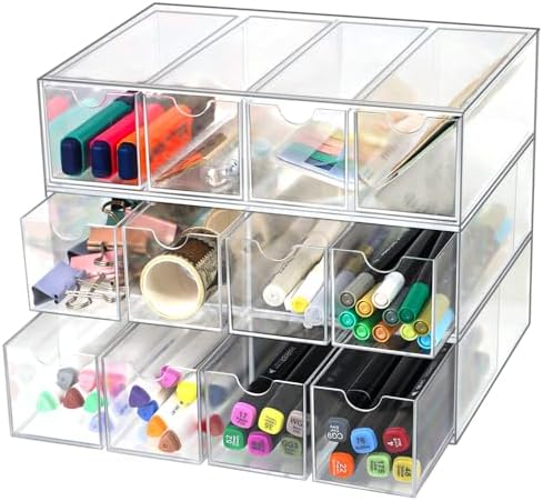 ZEXALOR Clear Desk Organizer Storage with 12 Drawers, Desktop Organizers, Bathroom Office Supplies, Plastic Storage Drawer for Makeup, Jewelry, Pen, Stationary, Hair Accessories, Sunglass (12-Drawer) by ZEXALOR
