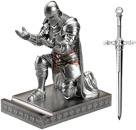 Medieval Armored Knight Pen Holder Figurine Paperweight Phone Stand Silver - Image 2