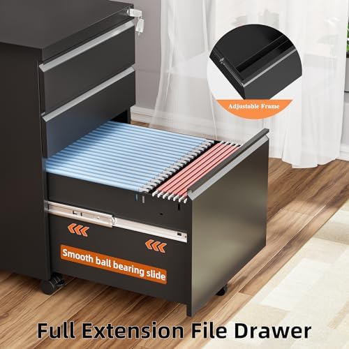 INTERGREAT 3 Drawer File Cabinet, Metal Filling Cabinets with Lock, Locking Office Mobile Cabinet with Wheels for Legal/Letter Size, Under Desk, Assembled Required, Black - Image 7