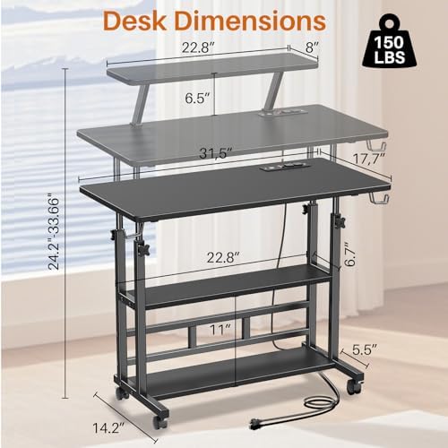 Adjustable Height Standing Desk with Power Outlets, Rolling Stand Up Desk with Monitor Stand and Storage Shelves, 31.5" Small Mobile Computer Desk, Portable Laptop Table (Black with Monitor Stand) - Image 2
