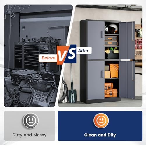 Yizosh Metal Storage Locking Cabinet with 4 Doors and 2 Adjustable Shelves,71" Lockable Garage Tall Steel Cabinet,for Home Office,Living Room,Pantry,Gym,Commercial Storage (Gray Black) - Image 7