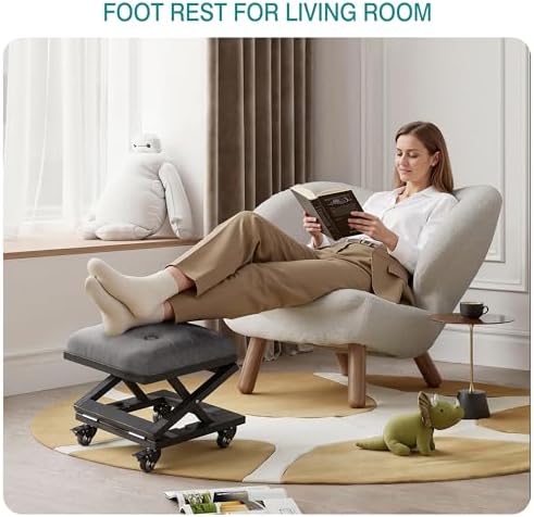 VECELO Foot Rest Under Desk at Work, Height Adjustable Rolling Foot Stool Set of 2 with Wheels, Cushioned Seat for Living Room, Bedroom, Home Office, Grey - Image 6