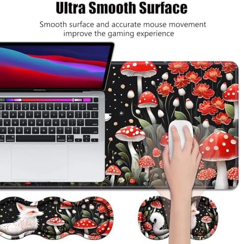 4 in 1 Ergonomic Memory Foam Mouse Pad Wrist Rest Set, Large XXL Gaming Desk Pad + Keyboard Wrist Rest + Mouse Wrist Cushion + Coaster for Home Office Study Gaming, White Fox Mushroom - Image 3