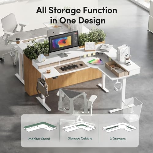 CubiCubi 63"x48" L Shaped Standing Desk with Drawers & Shelf, Warm White - Image 4