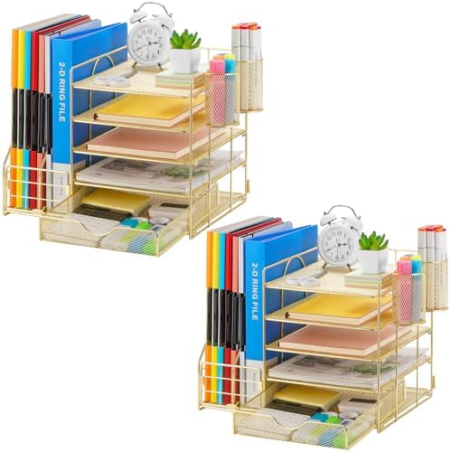 Marbrasse Desk Organizer with File Holder, 5-Tier Paper Letter Tray Organizer with Drawer and 2 Pen Holder, Mesh Desktop Organizer and Storage with Magazine Holder for Office Supplies (Gold 2p) by Marbrasse
