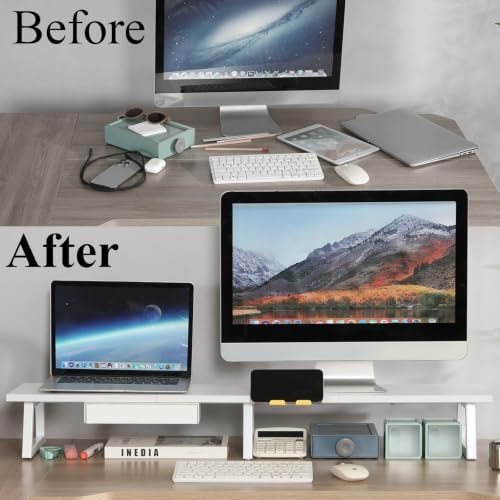 TEAMIX 42 inch Dual Monitor Stand with Storage Drawer & Phone Holder, White - Image 6