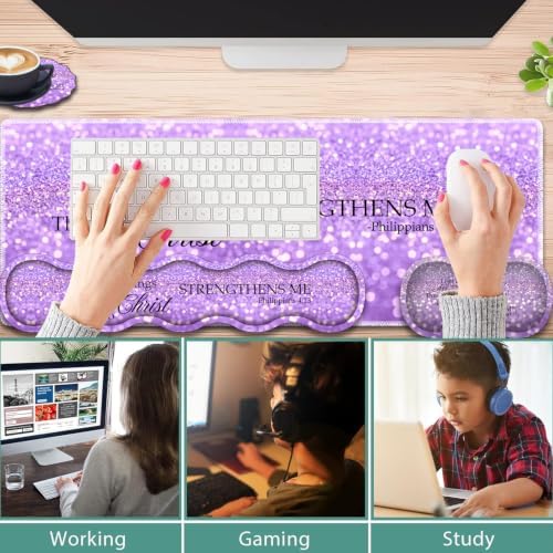 31.5"x 11.8" Oversized Gaming Mouse Pad Set, Ergonomic Keyboard and Mouse Wrist Rest + Cup Holder, Non-Slip Desktop Pad, Suitable for Home and Office Use, Purple Glitter Quote Philippians 4-13 - Image 3