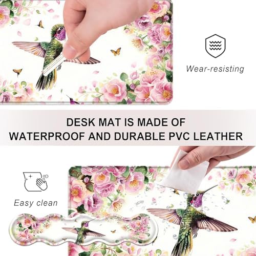 Mouse Pad,Large Desk Mat Set, 4in1 XL Mousepad + Keyboard Wrist Rest+Mouse Wrist Rest+Coaster with Ergonomic Desk Pad for Home Office Table Computer Cover -Flower Hummingbird - Image 3