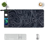 VOVIPO 3 in 1 Wireless Charging Mouse Pad, Gift for Dad/Office Manager,Wireless Charger Compitable with iPhone/Watch/airpods. Wireless Charging Desk Mat 90 x 40cm,Black Topographic Computer Desk Pad by VOVIPO