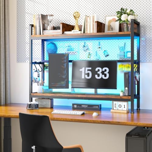 REIBII 2-Tier Desk Shelf with LED for Bedroom and Home Office, Rustic Brown - Image 5