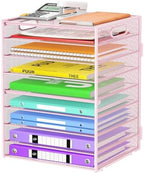 Cawukege 9 Tier Paper Organizer with Handle, Pink Large Capacity Desk Organizer Mesh File Folder Letter Paper Tray Desktop Document Sorter for Classroom, School, and Office Accessories Organization by Cawukege