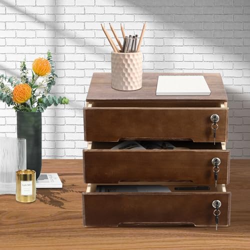 Wooden Desk Organizer with Drawers & Lock, Desktop Countertop Storage Cabinet Lockable Home Office Supplies File Tabletop Organizing Unit (3 Drawer - Retro Walnut) - Image 2