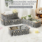 Vesici 4 Pcs Grey Macrame Storage Basket for Shelves 13 in 11 in Boho Storage Basket Hand Woven Boxes with Wood Handles Beads Decorative Countertop Toilet Tank Cabinet Organizer for Home Room Decor - Image 5