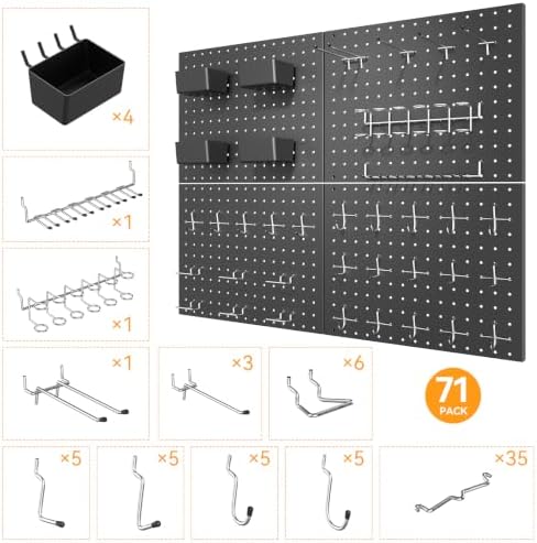 Black Peg Board, 4 Pack Metal Pegboard with Hooks, 71pcs Pegboard Kit, Pegboard Wall Organizer, Heavy Duty Peg Boards for Walls Home Office, Garage Tool Storage, Workbench, Craft Room - Image 3