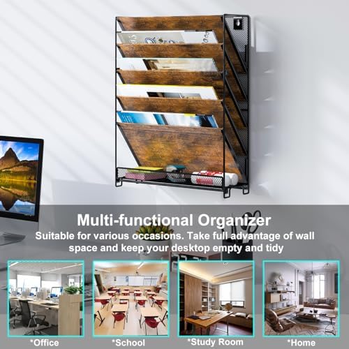 PAG-Mass Wall File Organizer for Office, 6-Tier Rustic Hanging File Holder Wall Storage Rack for Documents/Magazine/Literature/File Folders/Mails/Envelopes, Brown - Image 5