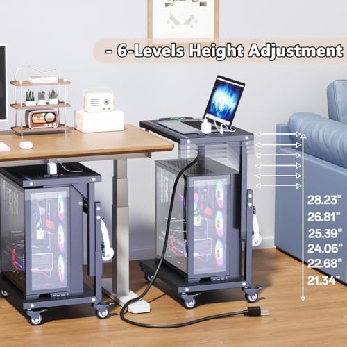 Computer Tower Stand with Power Outlet, 6 Level Height Ajustable PC Tower Stand for Floor, Mobile Rolling CPU Holder Cart for Gaming, Office, Home, 21.34"-28.3", Black - Image 4