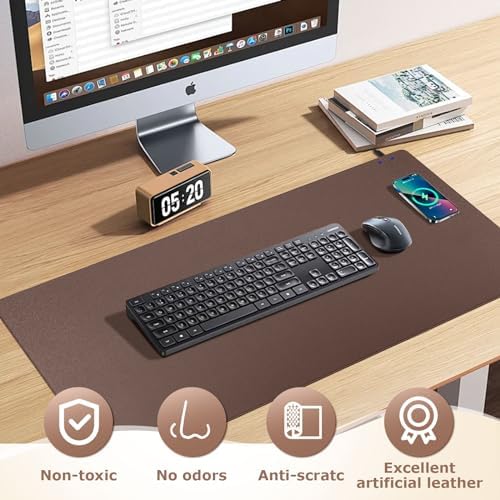 Wireless Charging Mouse Pad 2 in 1 Leather Multifunctional Office Desk Pad with Non-Slip Rubber Base, Waterproof Desk Pad for Computers/Office/Work/Home/Decor 36" x 17" Brown - Image 5