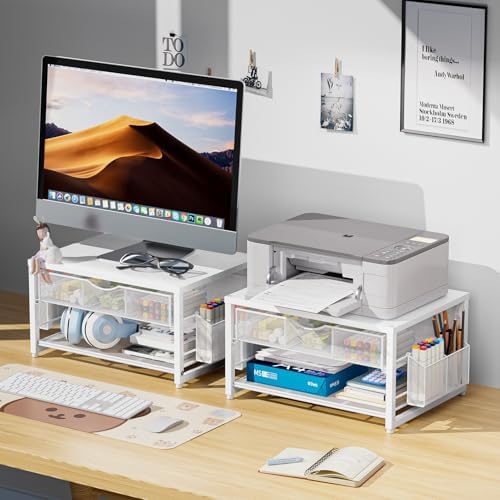 Marbrasse Wood Printer Stand for Desk, 2-Tier Desktop Printer Table for Home Office, Printer Stand with Storage Drawer 2 Pen Holders, Multi-Purpose Desk Organizer for Fax Machine Scanner(Wood White) - Image 4