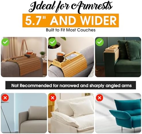 Bamboo Couch Cup Holder Tray with 2 Cork Coasters, Couch Arm Tray, 2 in 1 Anti-Slip Foldable Sofa Arm Tray, Couch Armrest Table, Anti-Spill Couch Arm Table for Drinks TV Remote Cellphone Snacks - Image 2